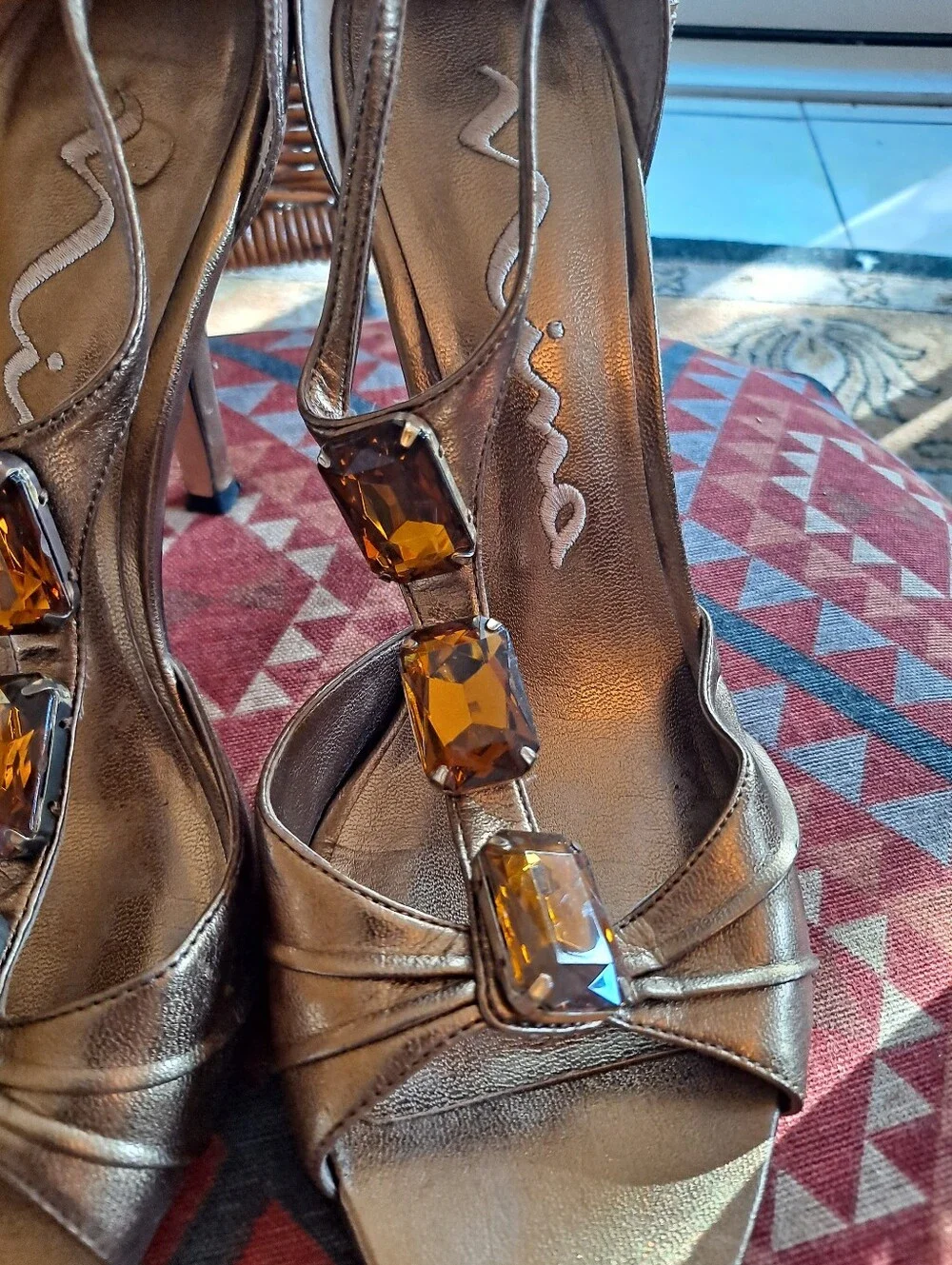 Nina Metallic Gold T-Strap Gemstone High Heels